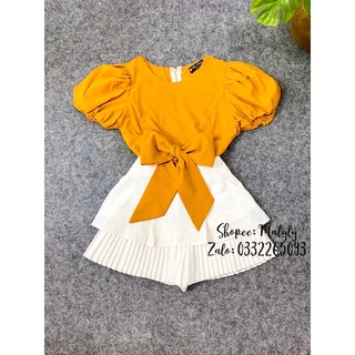 [ MÃ 323 ] ÁO CỘT NƠ TAY PHỒNG + VÁY DẬP LI