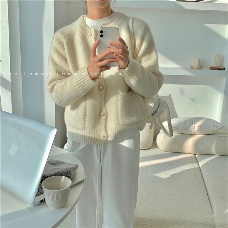 Áo khoác cardigan dệt kim cổ tròn dáng rộng màu sắc đơn giản