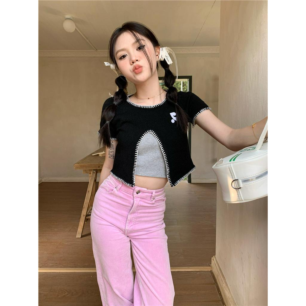 61595 Áo Dệt Kim Ngắn Tay Xẻ Tà Phía Trước