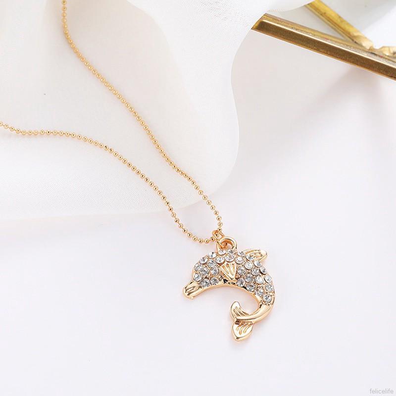 Gold Rhinestone Cute Dolphin Pendant Chain Necklace Women Accessories Gifts