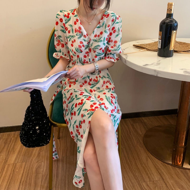 Đầm Maxi Chiffon Tay Phồng Họa Tiết Hoa Phong Cách Pháp Ngọt Ngào Cho Nữ