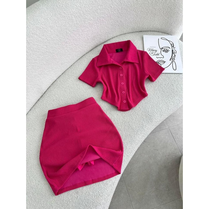 Set Áo Cổ Trụ Cúc Cài Kèm Chân Váy Có Lót Chất Thun Gân Thích Hợp Mặc Đi Tiệc Đi Làm Đi Chơi