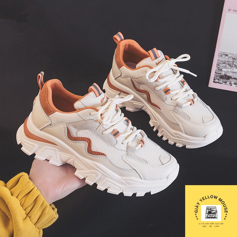 Giày thể thao sneaker nữ ULZZANG đế độn 5cm chất da lộn phối vải thoáng khí màu xanh/cam