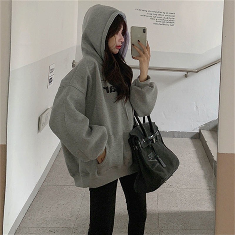 Áo hoodie tay dài dáng rộng in hình phong cách Hàn Quốc cá tính cho phụ nữ