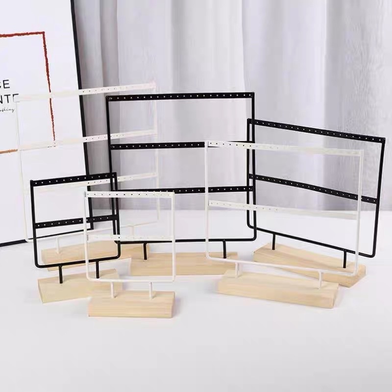 Kệ treo bông tai móc treo đồ trang sức bằng gỗ sắt rèn đồ trang sức vòng cổ hoa tai giá kệ trưng bày 24 lỗ đen và trắng
