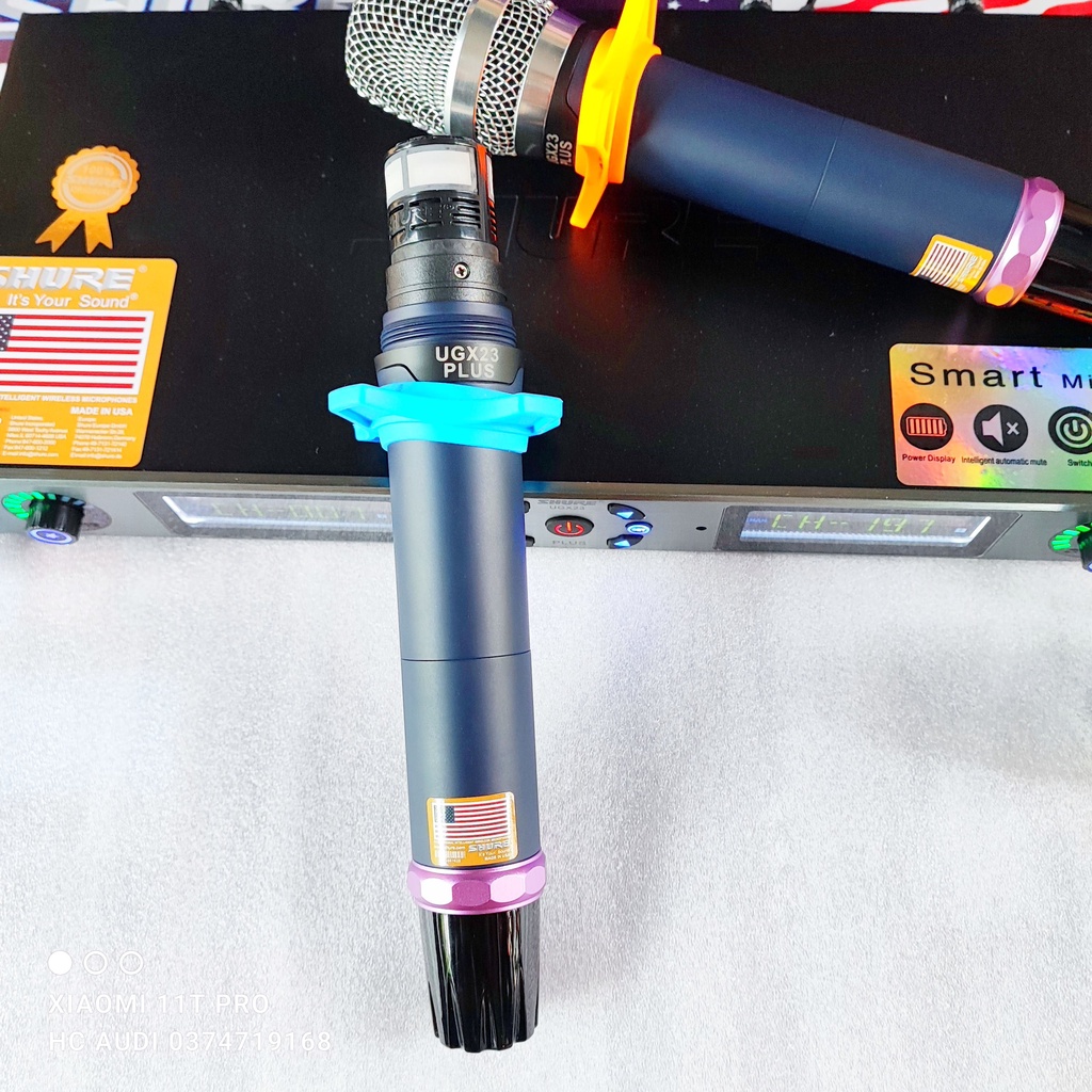 Mic không dây SHURE UGX 23 PLUS - micro SHURE UGX23 PLUS vỉ tím , tự ngắt , gia tốc , dò sóng ,bốn râu thu sóng khỏe