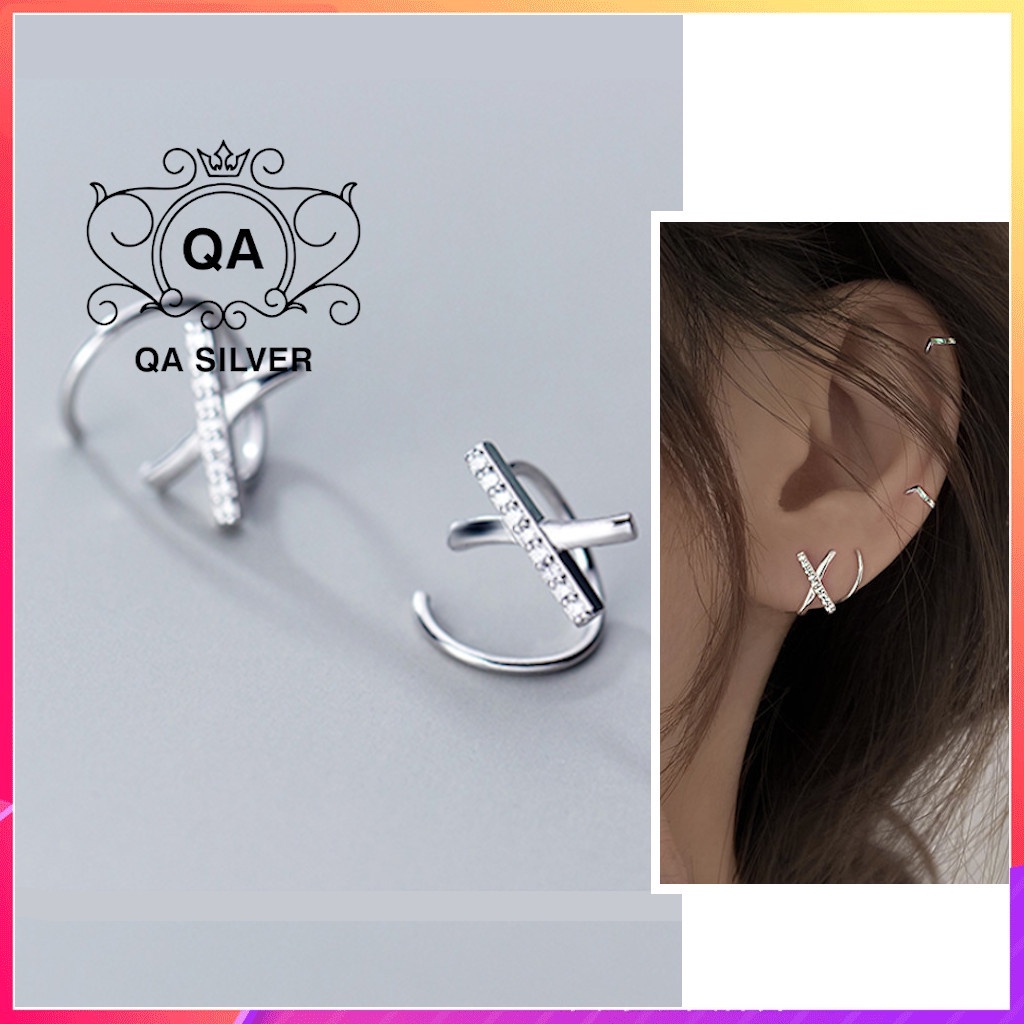 Khuyên tai bạc cuộn chữ X đính đá bông tai xoắn kẹp vành chéo S925 HELIX Silver Earrings QA SILVER EA200608