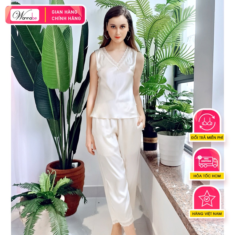 Đồ bộ mặc nhà phi lụa Wannabe bộ dài BDS11 cổ tim phối ren lạ mắt