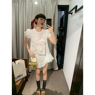 Văn Học Cô Gái Vải Lanh Trẻ Em Thêu Chữ Tay Phồng Ren Áo Sơ Mi Tay Ngắn Nữ Mùa Hè