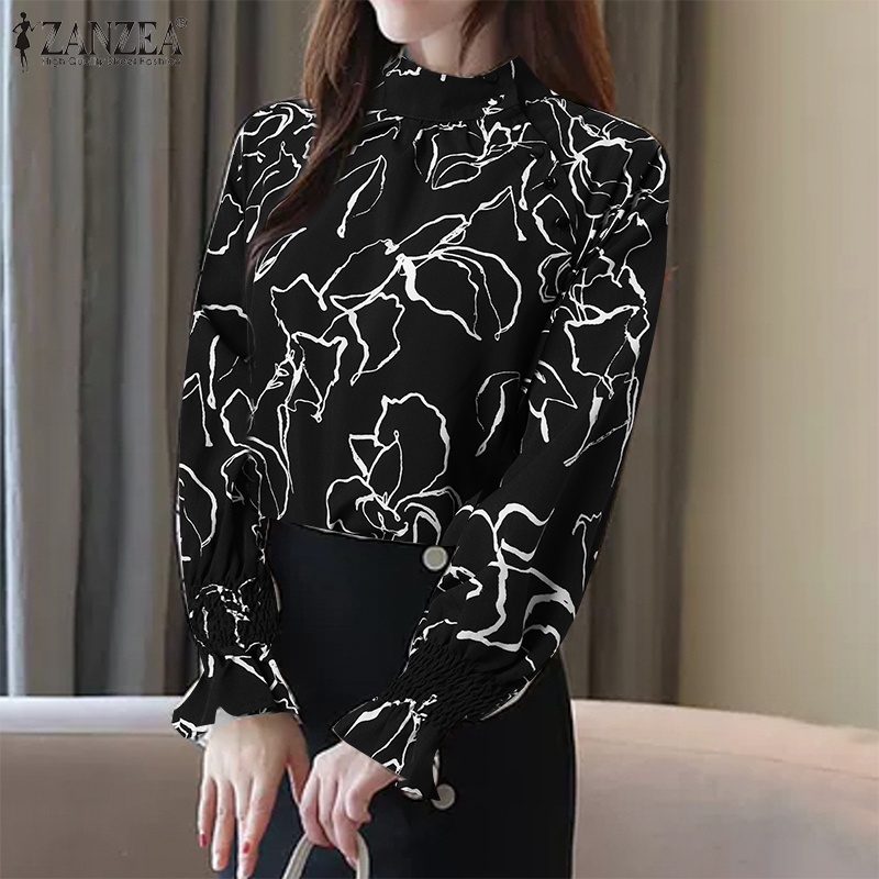 Áo kiểu ZANZEA tay dài phồng in họa tiết phong cách Hàn Quốc dành cho nữ