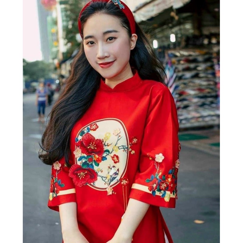 BÁN SỈ SÉT ÁO DÀI TẾT ĐÍNH HOA ĐỎ CHO MẸ VÀ BÉ