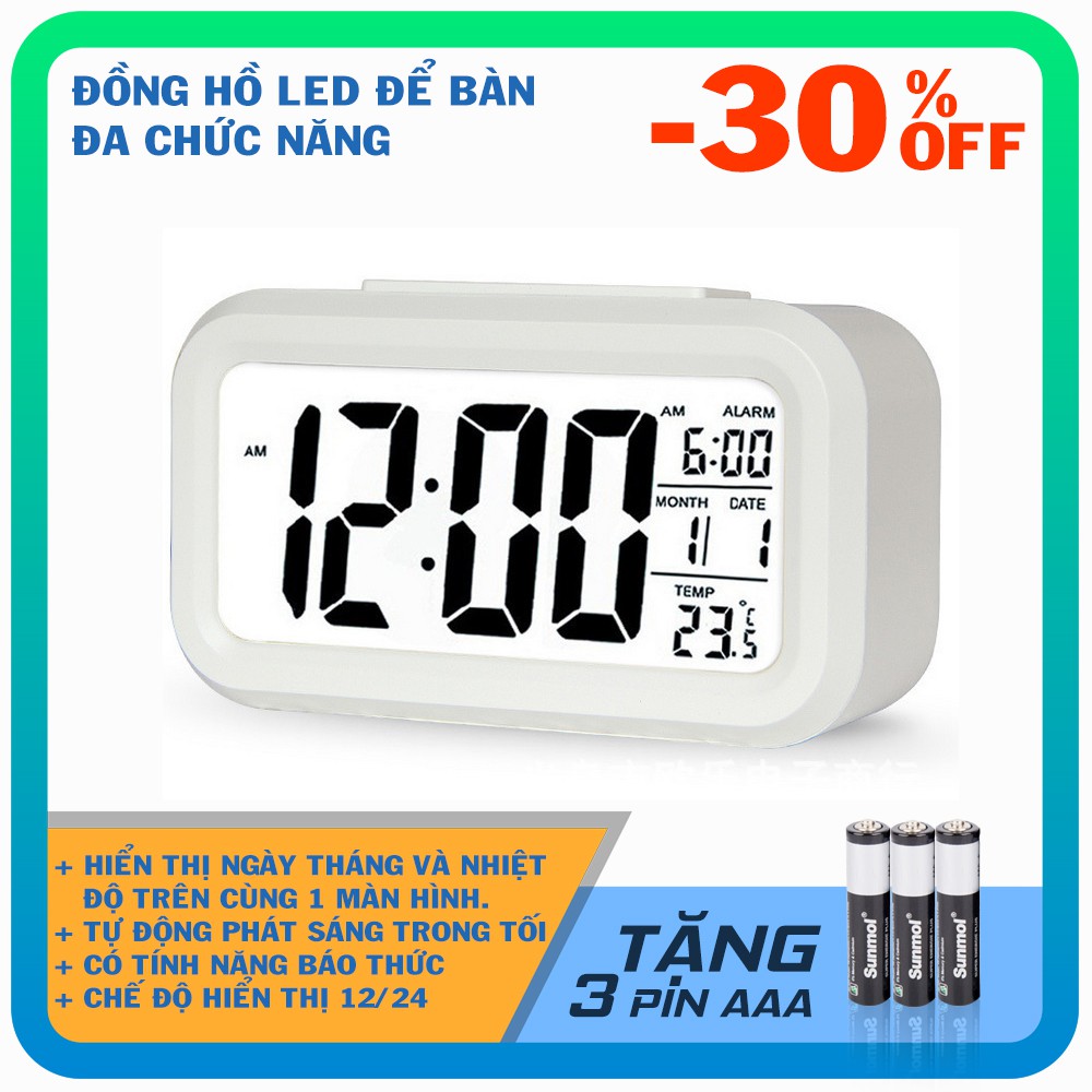 Đồng Hồ Điện Tử Để Bàn Với Đèn LED Đa Chức Năng: Thời Gian, Lịch, Báo Thức, Nhiệt Độ (Trắng) + Tặng kèm 3 pin Maxell