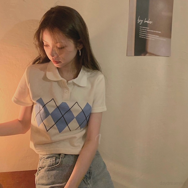 Áo Croptop Ngắn Tay Họa Tiết Hình Thoi Thời Trang Cho Nữ