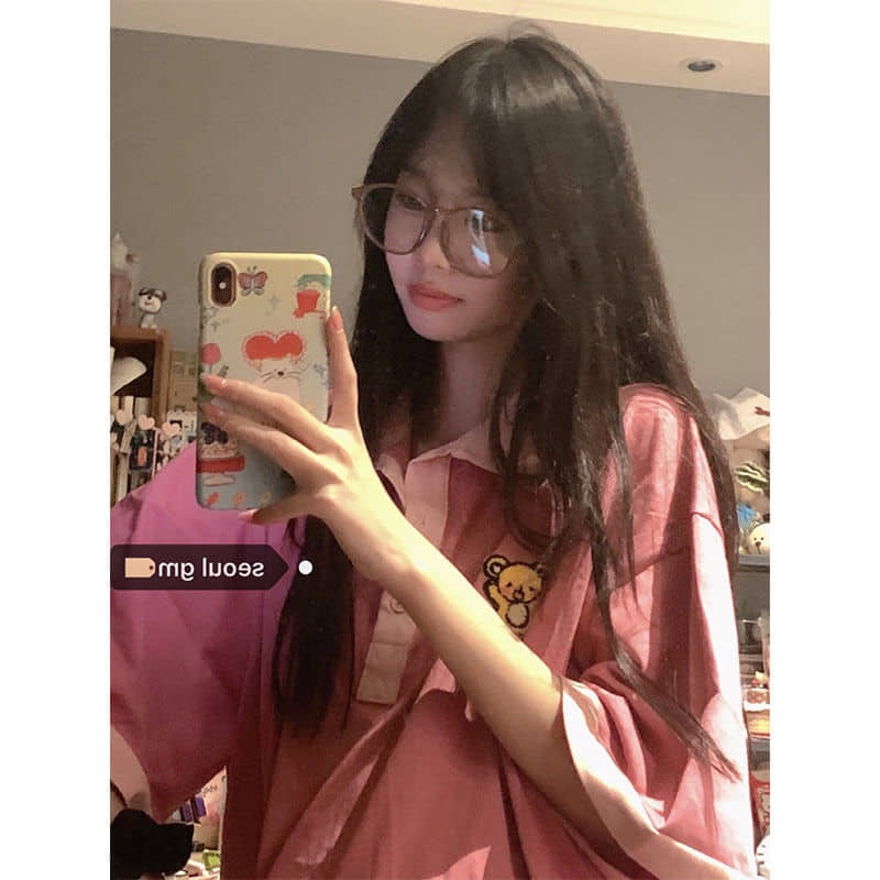 Áo thun polo nữ màu hồng xinh xắn dáng rộng tay lỡ mùa hè mẫu mới hình cute animal có size