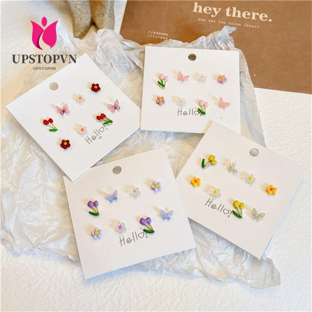 Bộ 8 bông tai hình học/hoa/bướm mini thời trang lãng mạn cho nữ