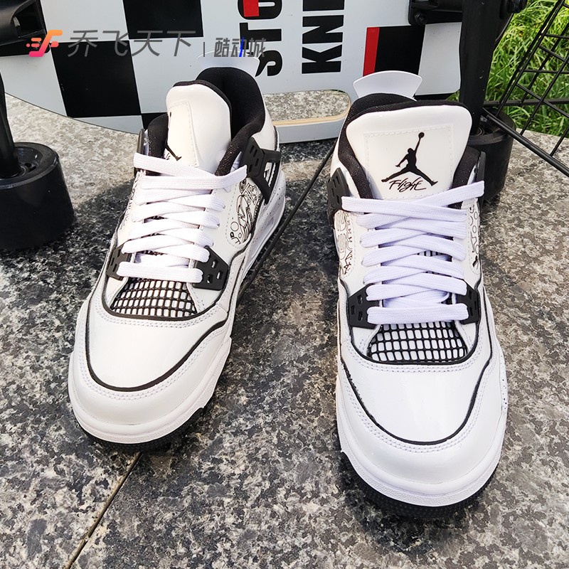 Giày Thể Thao Bóng Rổ Vẽ Tay Màu Trắng Đen Kiểu Graffiti Air Jordan 4 4 DC4101-100
