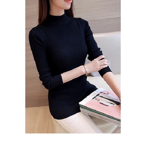 Áo len CHIPXINH cổ 3 phân, dài tay, form dáng ôm - màu đen