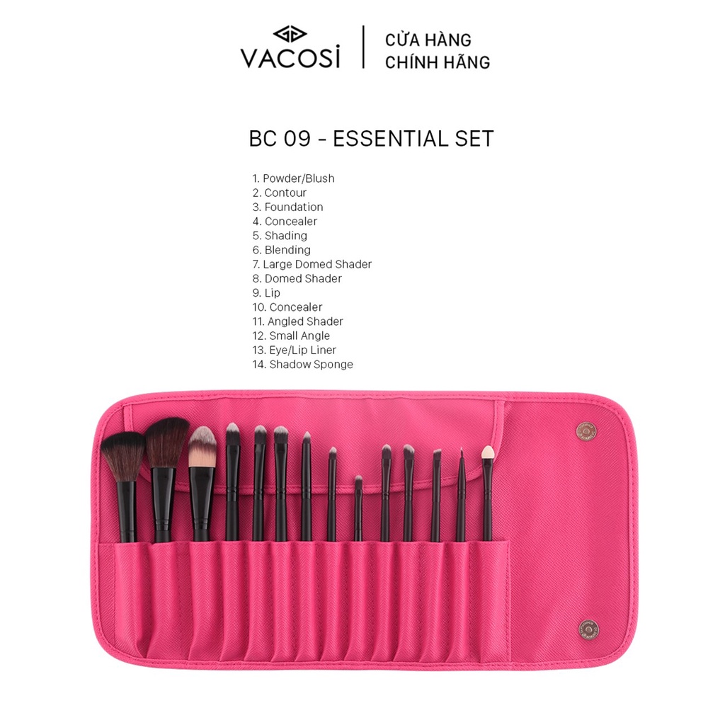 Bộ Cọ Cá Nhân 14 cây & Bóp da Hồng - BC09 VACOSI ESSENTIAL BRUSH SET - 14 PCS