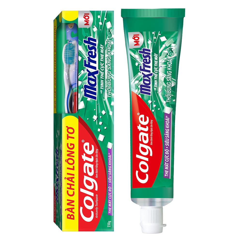 Kem Đánh Răng Colgate Max Fresh Thổi Bùng Sảng Khoái Tinh Thể Cực The Mát 230g + Bàn Chải Lông Tơ