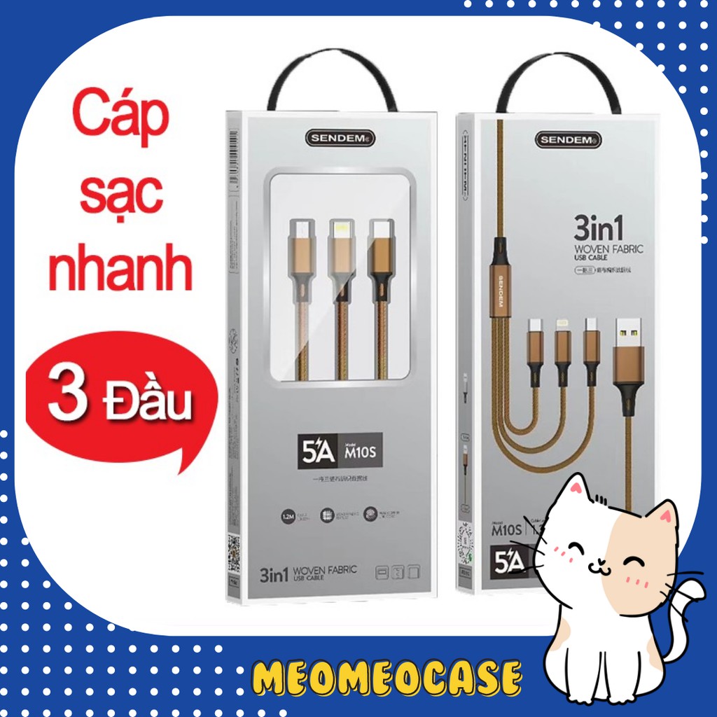 Cáp sạc 3 đầu bọc dù chính hãng SENDEM phù hợp nhiều dòng máy (chân sạc lightning /Micro /Type-C)