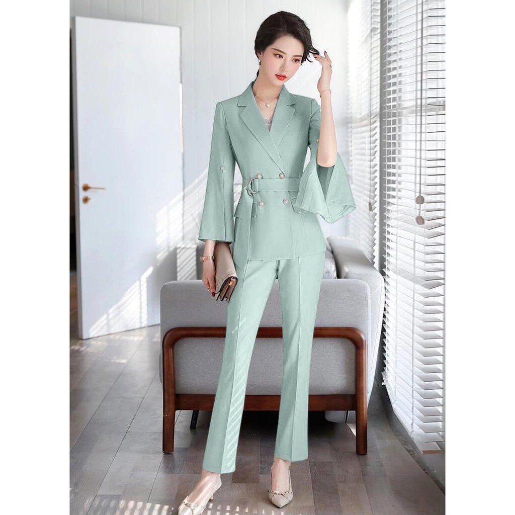 Bộ Vest Tay Xẻ Thắt Eo Cao Cấp - Set Vest Kaki Lụa Công Sở Sang Trọng Cho Nàng Doanh Nhân | BigBuy360 - bigbuy360.vn