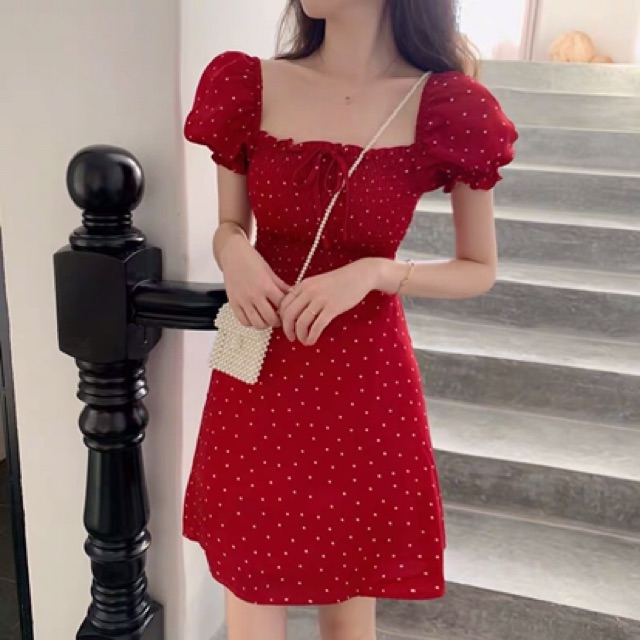 (sẵn S/M) Váy đỏ chấm bi ulzzang / Đầm đỏ cổ vuông tay bồng Quảng Châu