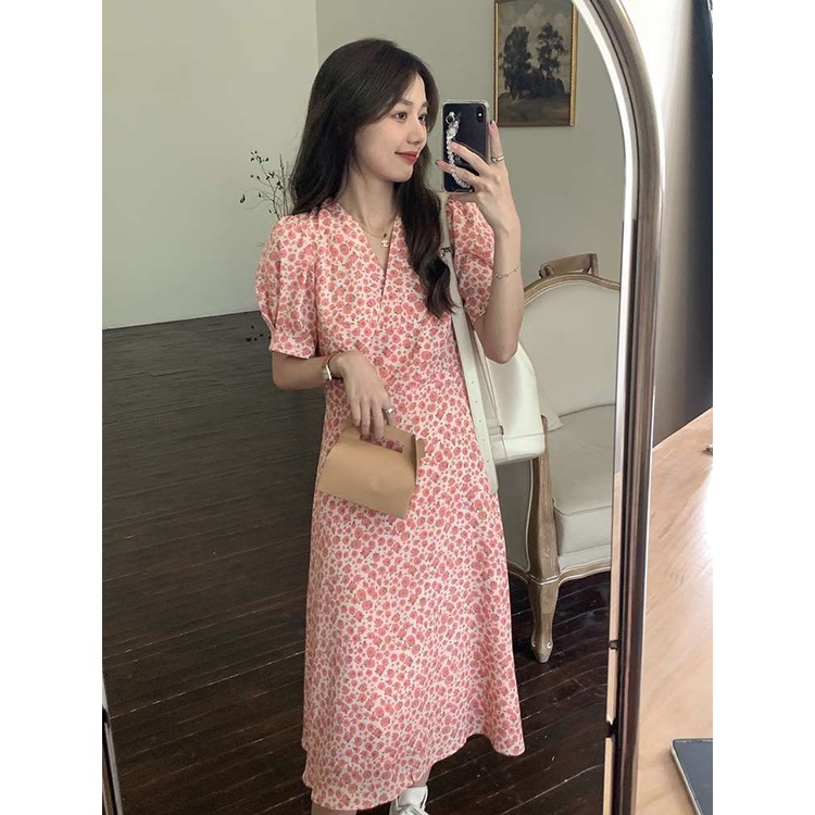Đầm Hoa Hồng Nhấn Eo Phong Cách Pháp Thời Trang Mùa Hè Cho Nữ