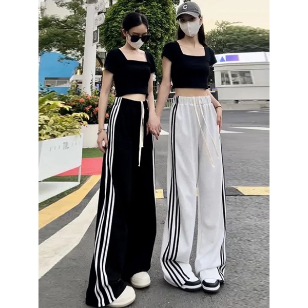 Quần ống rộng màu trắng ,Quân vải suông sọc dọc, dáng dài dây rút bản to, quần đi họcđi làm thời trang hottrend hàn quôc