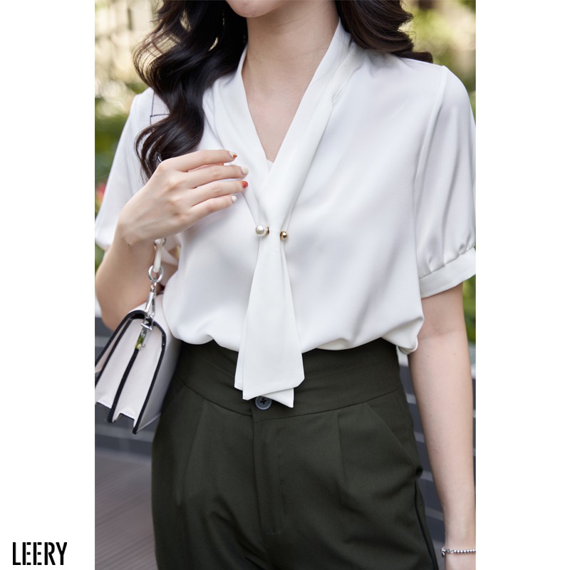 Áo sơ mi ngắn tay nữ LEERY cổ nơ kiểu Hàn Quốc vải lụa Ý cao cấp phù hợp đi làm công sở màu Trắng Đen Hồng SM-07