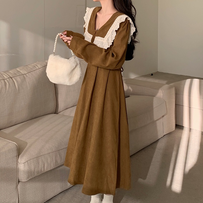 Đầm Tay Dài Cổ Chữ V Màu Sắc Đơn Giản Phong Cách Preppy Cổ Điển Thời Trang Cho Nữ