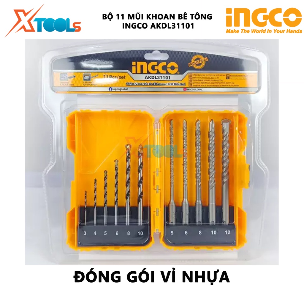 Bộ 11 mũi khoan bê tông đuôi trơn và đuôi gài INGCO AKDL31101 | bộ 11 mũi khoan kích thước 3, 4, 5, 6, 8, 10, 12mm chuyê