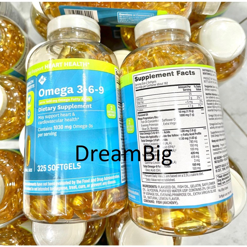 [Hạn sử dụng mới 08/2025] Viên uống dầu cá Omega 369 1600 mg chai omega369 325 viên hãng Member's Mark của Mỹ