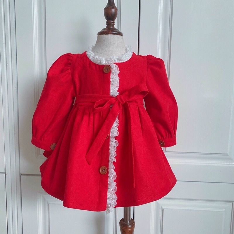 Váy nhung đỏ phối ren ngực hot trend cho bé gái 6-32kg