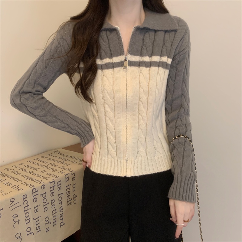 ZHELIHANGFEI Áo Khoác Cardigan Dệt Kim Tay Dài Lưng Cao Phối Khóa Kéo Phong Cách Retro