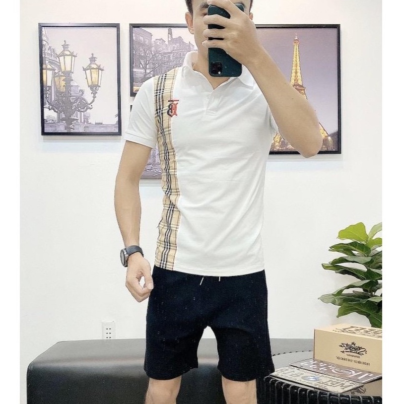 Áo thun nam ngắn tay cổ bẻ thêu chữ mix vải caro độc lạ thun cotton co giãn Hàn Quốc