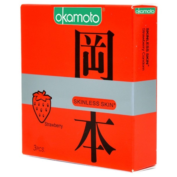 bao cao su OKAMOTO Strawberry  Skinless Skin hương dâu siêu mỏng tăng khoái cảm cực mạnh ( 3PCS)