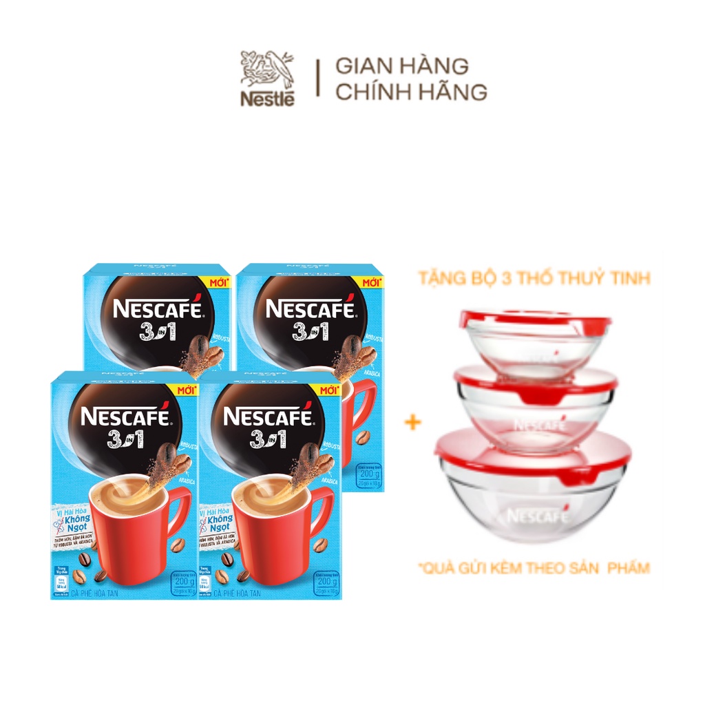 [Tặng Bộ 3 thố thủy tinh]  Combo 4 hộp Cà phê hòa tan Nescafé 3in1 mới - vị hài hòa không ngọt (Hộp 20 gói x10g)