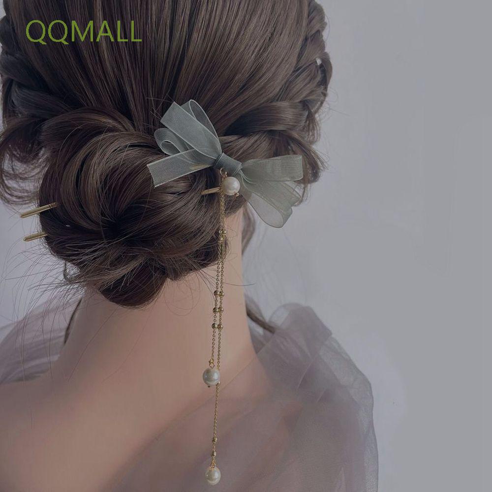 Trâm cài tóc hình chữ U bằng hợp kim phối nơ và tua rua phong cách cổ điển thanh lịch cho nữ