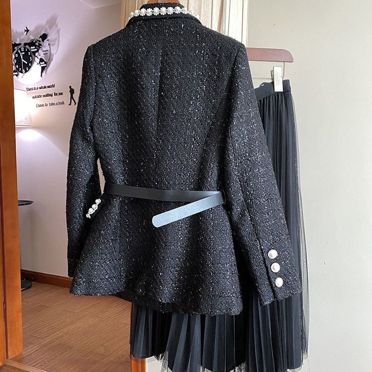 Bộ Áo Khoác + Chân Váy Lưới Đính Hạt Thời Trang Mùa Thu Phong Cách Mới