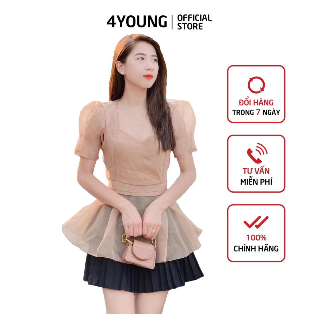 Set trang phục nữ chân váy dập li mix áo kiểu tay phồng  4YOUNG FASHION ST01