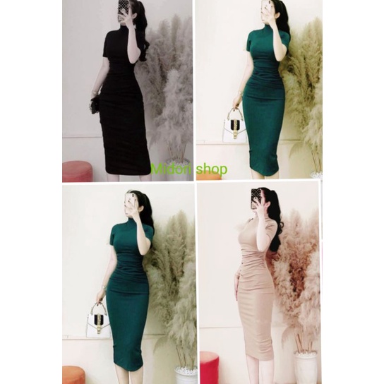 Đầm cổ lọ nhún chất thun gân tay ngắn 2 màu đen - xanh MIDORI247