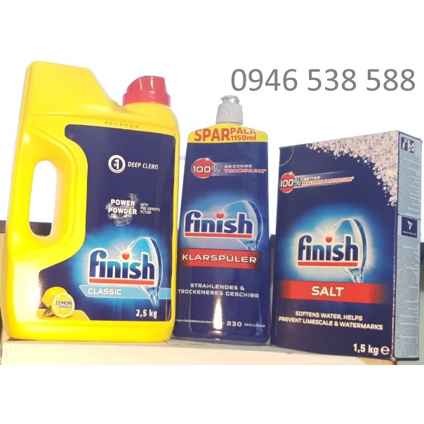 Combo Bóng Finish 1500ml + Bột finish 2.5kg + Muối Finish 1.5kg dùng cho máy rửa bát chén ly nhập khẩu chính hãng