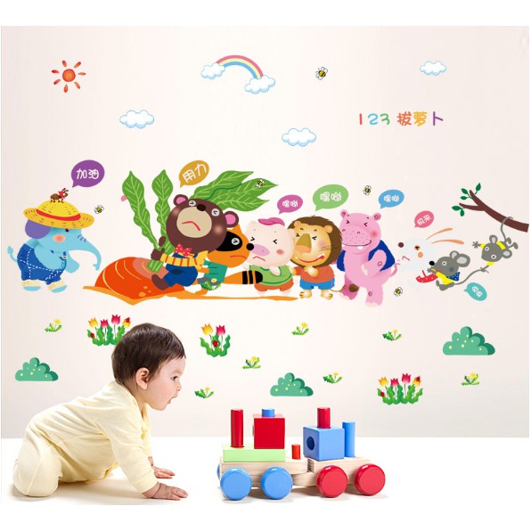 Decal dán tường trang trí - Các thú giúp kéo Củ Cà Rốt 02 ( Kèm Video Thật )