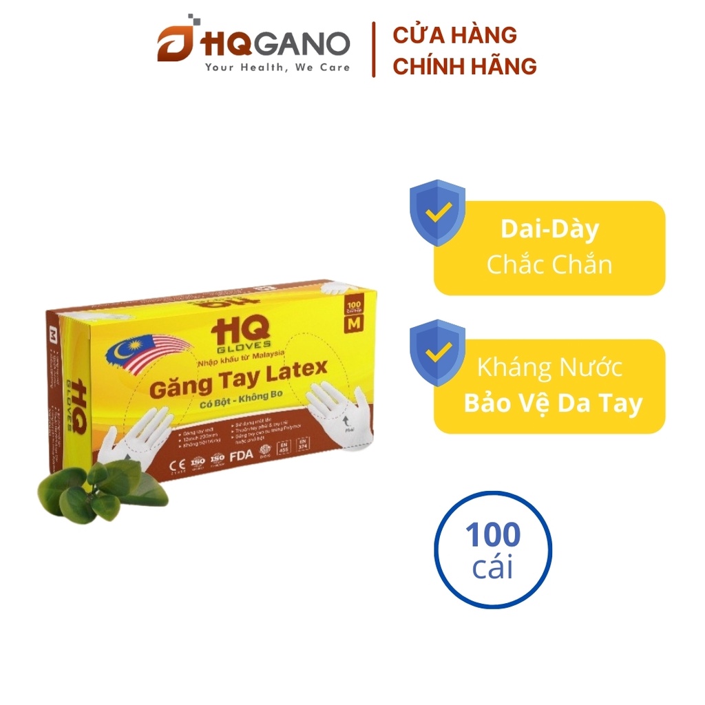 [1.680₫/1 cái] Găng Tay Y Tế Malaysia HQ Gloves, Có Bột Không Bo, Dai Dày Chắc Chắn, Hộp 100 Cái