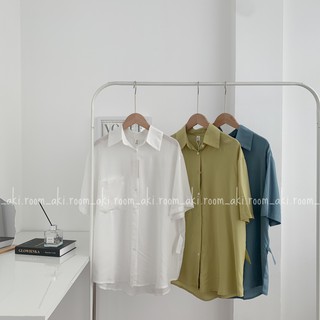 Áo sơ mi trơn cộc tay có dây cài chéo cúc chất cát mịn mát