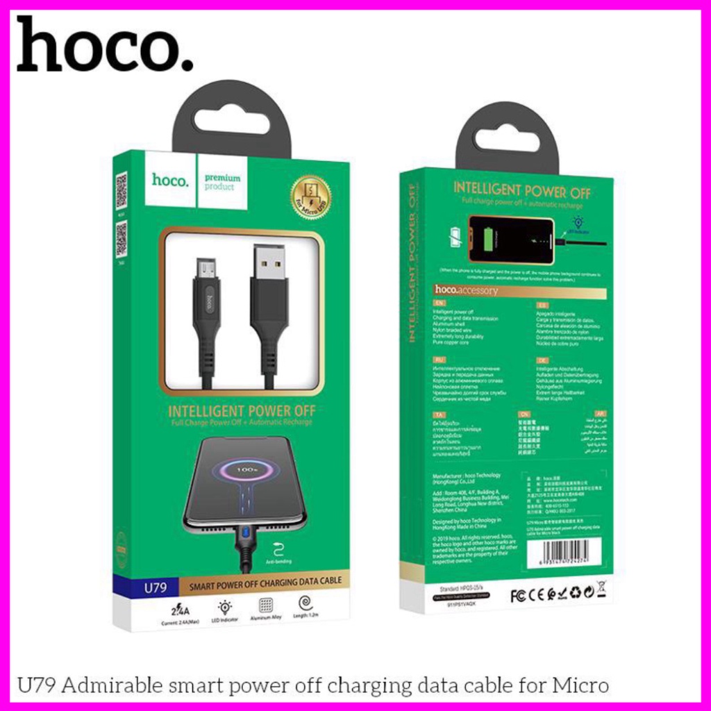 Dây sạc tự ngắt thông minh hoco u79 cho ip/micro usb/type c,chiều dài 1m bảo hành 1 năm