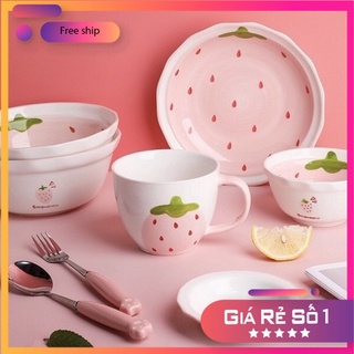 Bộ Chén Dĩa Sứ 🍓 Dâu Tây 🍓 Bát Ăn Cơm Đĩa Sứ Mầu Hồng Dễ Thương Cute Decor Cao Cấp V56