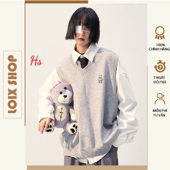 Áo gile cổ tim thêu hình gấu LOIX mã 844