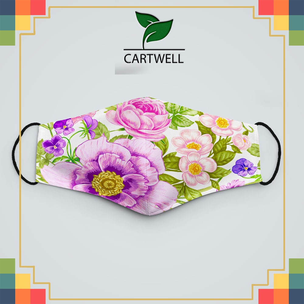 khẩu trang vải chống bụi FLOWERS_1205 CARTWELL chất liệu poly cotton 100%,  chống bụi in họa tiết 3d  unisex