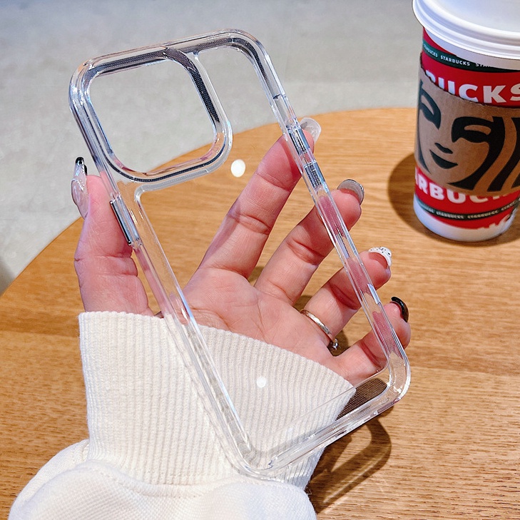 Ốp Điện Thoại Acrylic Cứng Trong Suốt Chống Sốc Có Nút Kim Loại Bảo Vệ Camera Cho iPhone 6 6s 7 8 Plus X XS XR XS Max 11 12 13 14 Pro Max Plus